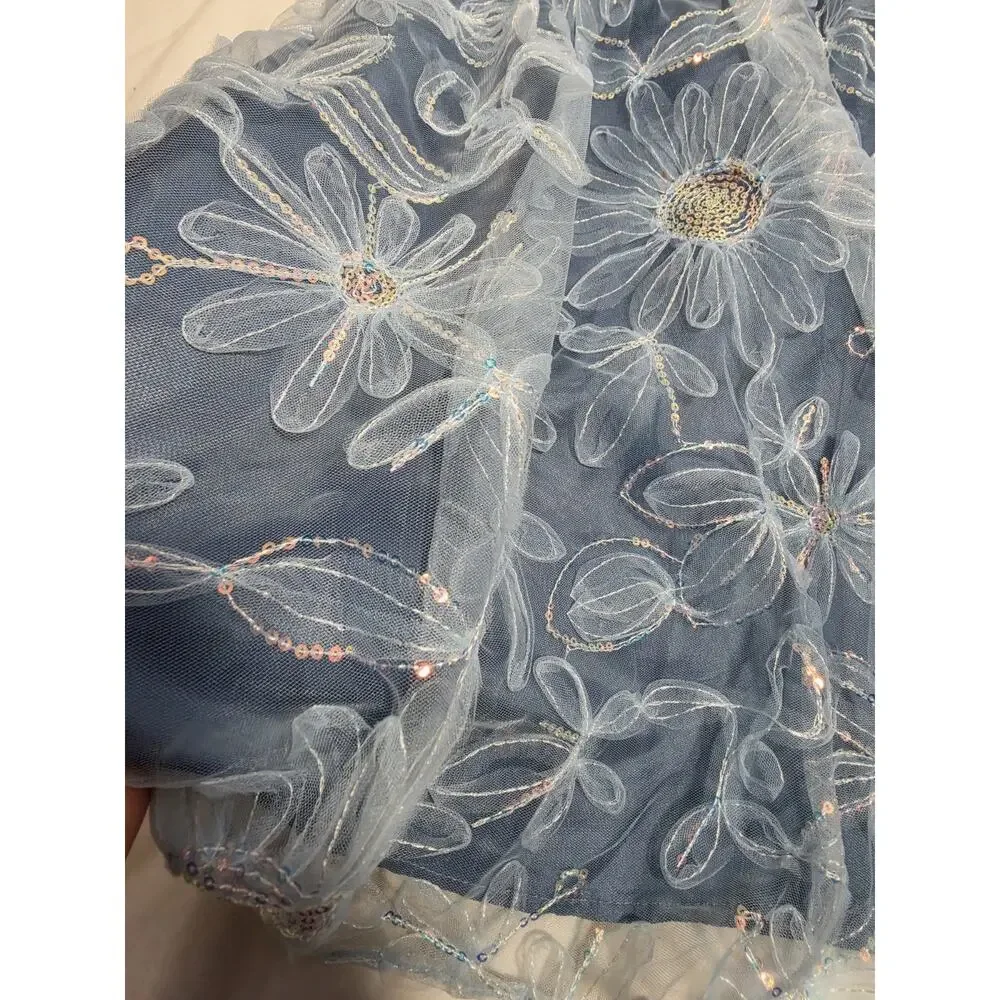 Lipsy Girls Light Blue Holiday Evening Princess Dress Sequin Flowers 7 8y Fairy